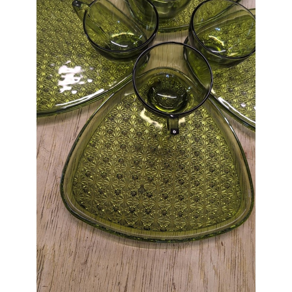 Indiana Glass daisy and button pattern desert plate & cups green set of 4 - Picture 3 of 5